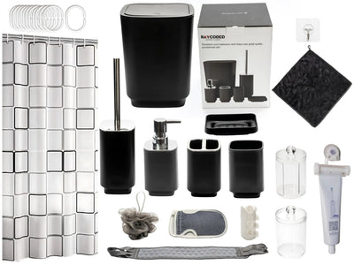 RAYCODED 29pcs Bathroom Accessories Set Bathroom Accessory Set with Trash Can Bathroom Shower Curtain Sets Shower Curtains for Bathroom Sets Black Restroom Decor and Accessories
